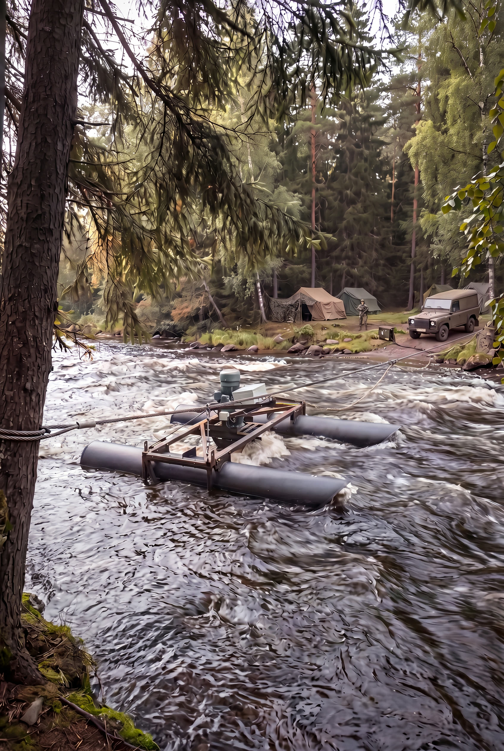 SeaPattern turbine powering a military field camp by a forest river