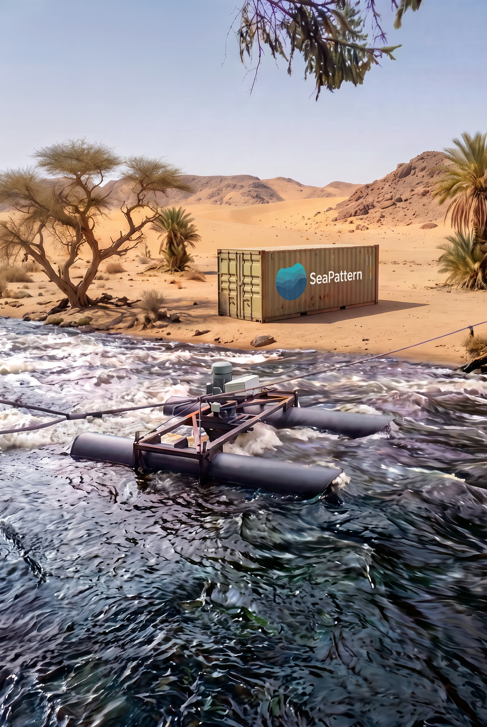 SeaPattern turbine and container at an off-grid river site